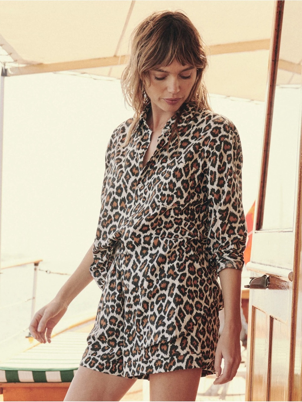 THE GREAT Leopard Animal Print Post Button Down Shirt Boxer Shorts set Revolve